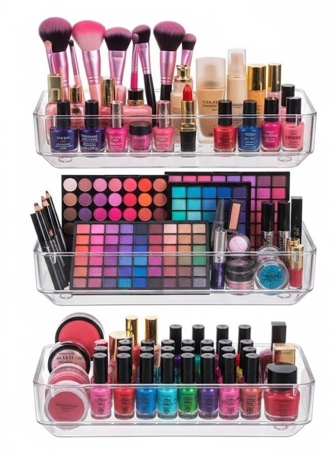 3-piece desktop drawer organizer set, clear plastic storage boxes, bathroom drawer dividers, vanity tray organizer for bedroom, wardrobe, kitchen tools, office supplies - Image 1