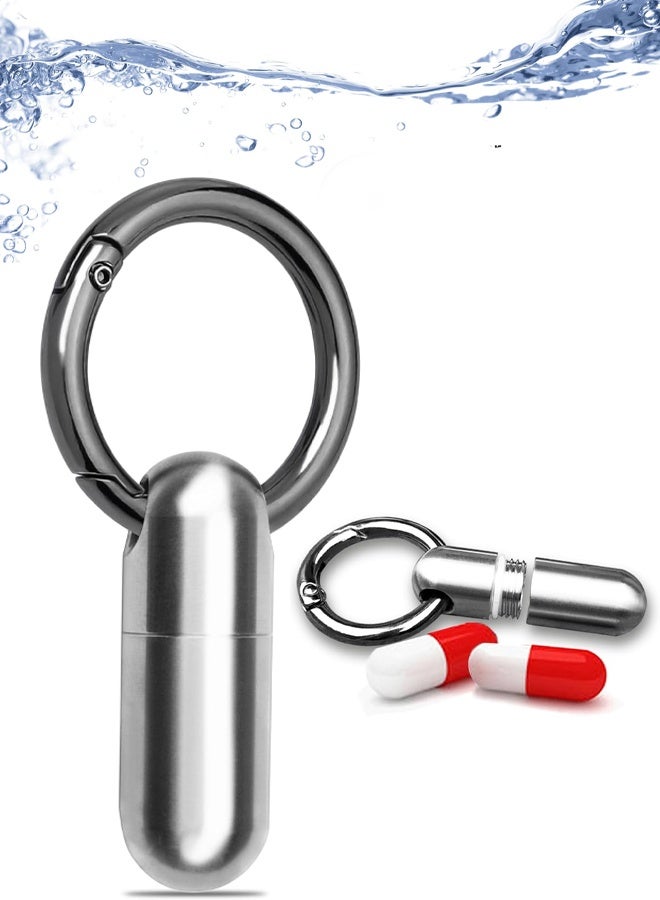 Titanium Keychain Pill Holder, Waterproof Mini Portable Pill Case Silver - Image 1
