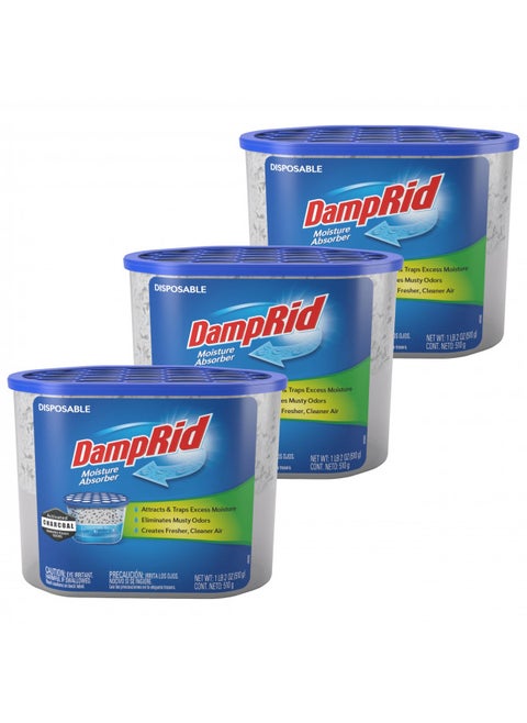 DampRid Fragrance Free Disposable Moisture Absorber with Activated Charcoal, 18 oz., 3 Pack, Moisture Absorber & Odor Remover, Lasts Up To 60 Days, No Electricity Required