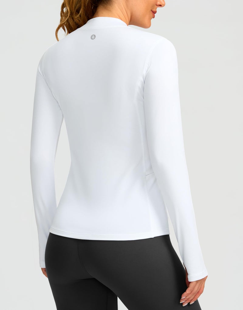 SANTINY Long Sleeve Thermal Shirts for Women Fleece Mock Neck Tops Winter Workout Running Gear with Zipper Pockets(White_XS) - Image 2