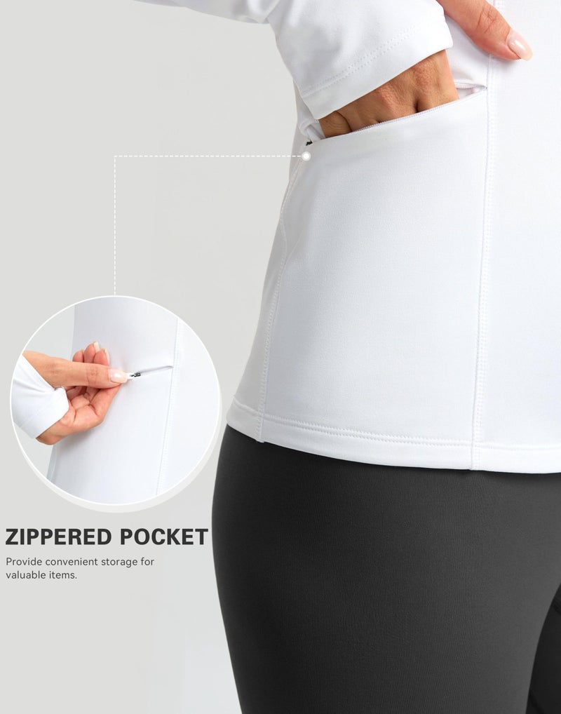 SANTINY Long Sleeve Thermal Shirts for Women Fleece Mock Neck Tops Winter Workout Running Gear with Zipper Pockets(White_XS) - Image 5
