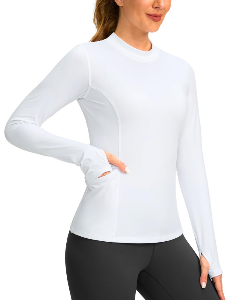 SANTINY Long Sleeve Thermal Shirts for Women Fleece Mock Neck Tops Winter Workout Running Gear with Zipper Pockets(White_XS) - Image 1