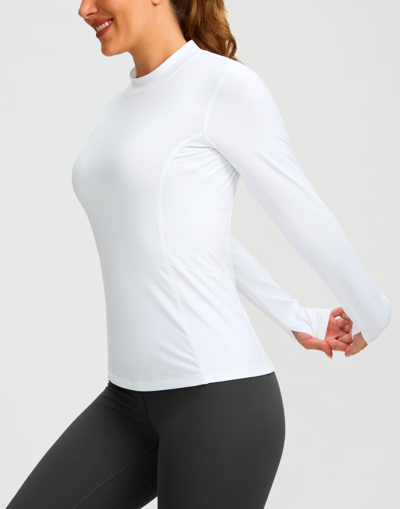 SANTINY Long Sleeve Thermal Shirts for Women Fleece Mock Neck Tops Winter Workout Running Gear with Zipper Pockets(White_XS) - Image 3