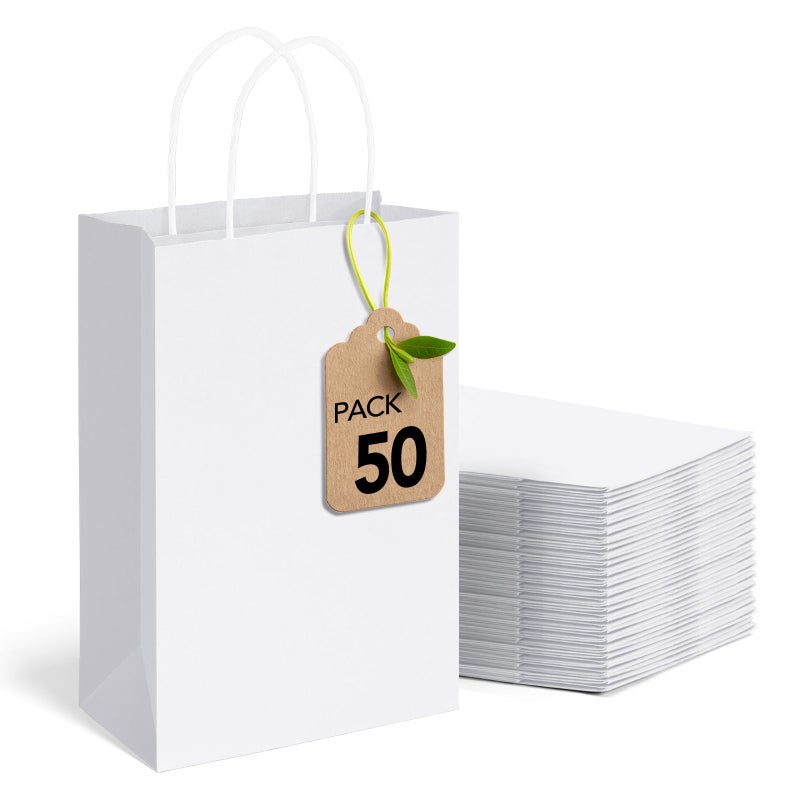 MESHA White Paper Gift Bags 525x375x8 Inch 50 PackSmall Shopping Bags with Handles BulkReusable for Business Grocery Birthday Wedding Kids Party Favors