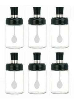 6 Piece Glass Kitchen Spice Jars with Spoons Honey Dispenser Jar and Airtight Lid - 6 Piece Spice and Seasoning Set - Glass Spice Jar Set - Tall Glass Storage Container Set for Spices and Pulses - Transparent Airtight Spice Jars for Kitchen, Sugar, Coffee - 6 Pieces Topless Jars and Salt for Kitchen Food Storage, Tea, Coffee, Sugar, and Salt