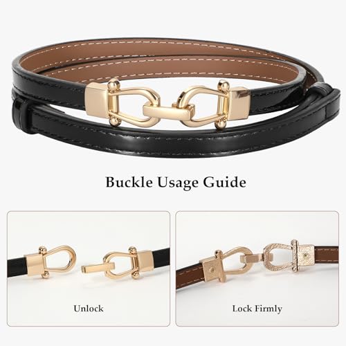WERFORU 2 Pack Women Skinny Belt for Dress,Thin Waist Belt - Adjustable Leather Belt with Gold Buckle, Brown+Black, Fit Waist Size below 37 Inches- - Image 5