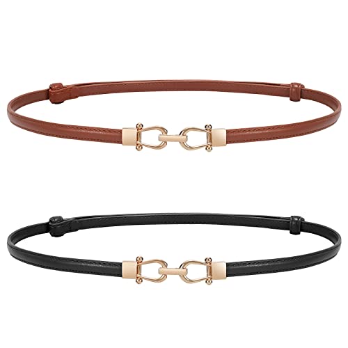WERFORU 2 Pack Women Skinny Belt for Dress,Thin Waist Belt - Adjustable Leather Belt with Gold Buckle, Brown+Black, Fit Waist Size below 37 Inches- - Image 1