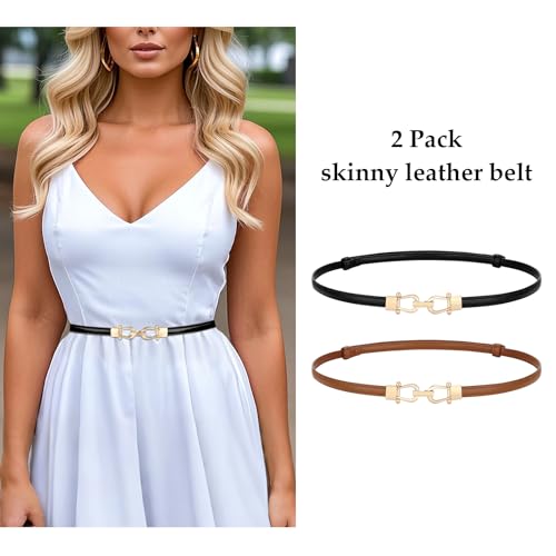 WERFORU 2 Pack Women Skinny Belt for Dress,Thin Waist Belt - Adjustable Leather Belt with Gold Buckle, Brown+Black, Fit Waist Size below 37 Inches- - Image 2