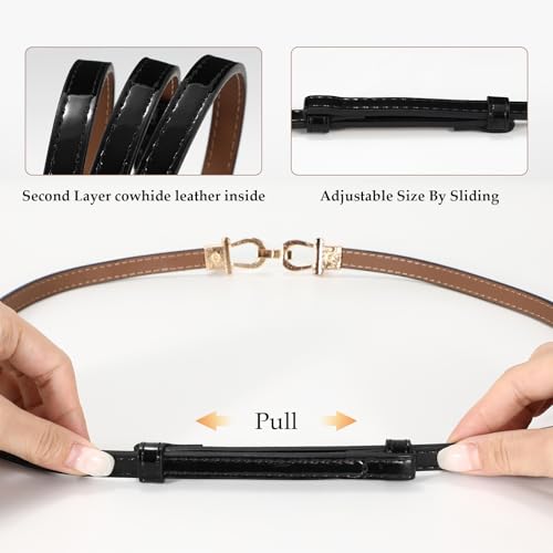 WERFORU 2 Pack Women Skinny Belt for Dress,Thin Waist Belt - Adjustable Leather Belt with Gold Buckle, Brown+Black, Fit Waist Size below 37 Inches- - Image 4