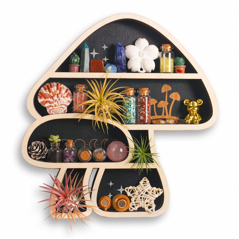 FNYDOX Cute Mushroom Decor, Wooden Floating Mushroom Shelf for Wall, Crystal Display Shelf Rock Gem Stone Display Shelf Wall Mounted - Image 1