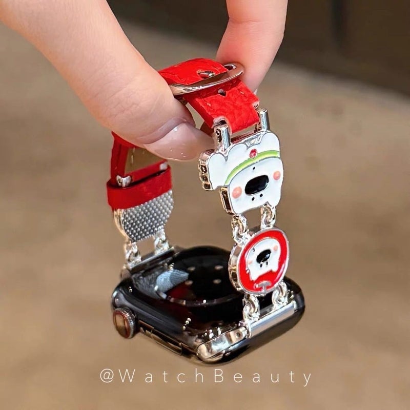 Cute Apple Dog Pattern Two-Tone Leather Strap for Redmi Watch 6/5/4/3/2, Fashion Commuter Style