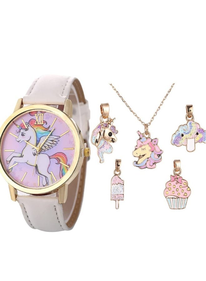 6 Pcs Watch Necklace Set Kids Cartoon Watches Unicorn Watch Cartoon Pendant Necklace Birthday Gift for Children Toddler Baby Girls Little Child- Assorted Color - Image 1