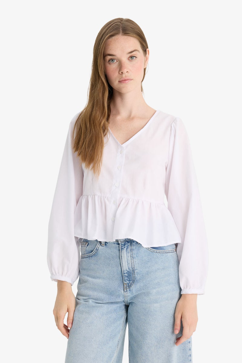 DeFacto White Woman Regular Fit V-Neck Long Sleeve Blouse Casual - Image 3