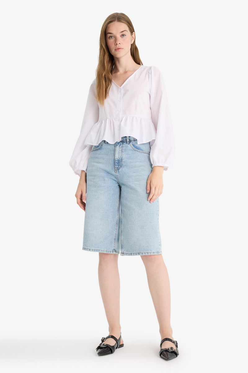 DeFacto White Woman Regular Fit V-Neck Long Sleeve Blouse Casual - Image 2
