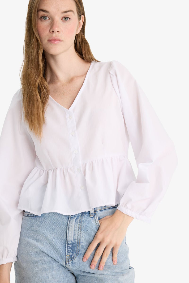 DeFacto White Woman Regular Fit V-Neck Long Sleeve Blouse Casual - Image 1