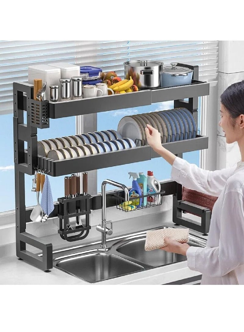 DubaiGallery 2 Layer Kitchen Stainless Steel Dish Rack Over Sink Expanding Organizer Storage Draining Drying Plate Rack Knife Fork Container - Image 4
