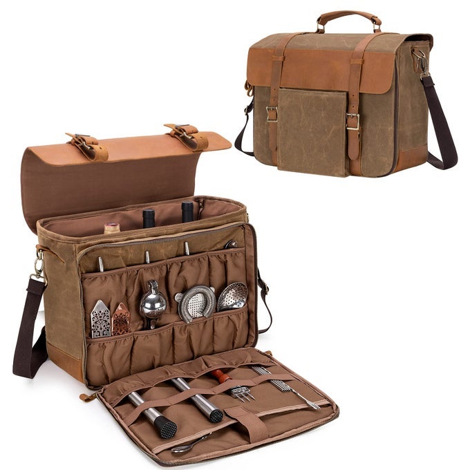 PORTABLE BARTENDER BAG FOR BAR KITS VINTAGE GENUINE LEATHER WAXED CANVAS TRAVEL BAR CASE WITH THICK INNER DIVIDERS AND ADJUSTABLE SHOULDER STRAP FOR COCKTAIL MAKING BAG ONLYPATENT DESIGN
