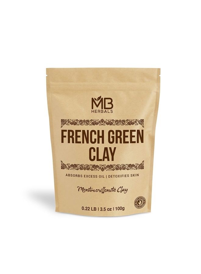 MB Herbals French Green Clay 100g | (3.5 oz) | 100% Pure Montmorillonite Clay | Absorbs Excess Oil | Detoxifies Skin | Recommended For Oily Skin | Mined and Processed in India