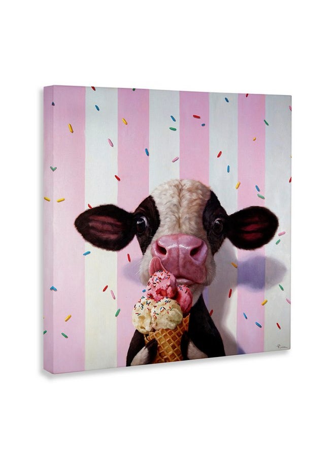 Stupell Industries - Stupell Industries Cute Baby Cow with Ice Cream Cone Pink Stripes Canvas Wall Art, 17x17 - Image 1