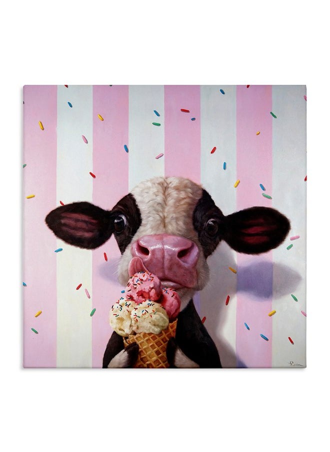 Stupell Industries - Stupell Industries Cute Baby Cow with Ice Cream Cone Pink Stripes Canvas Wall Art, 17x17 - Image 1