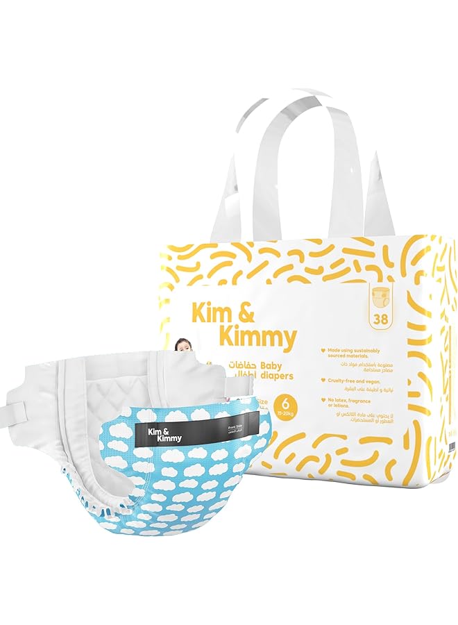 Kim & Kimmy Eco Diapers Size 6 15 20 Kg 38 Diapers 12 Hour Leak Protection Rash Free Hypoallergenic Super Soft & Highly Absorbent Free Hardness Small Clouds - Image 1