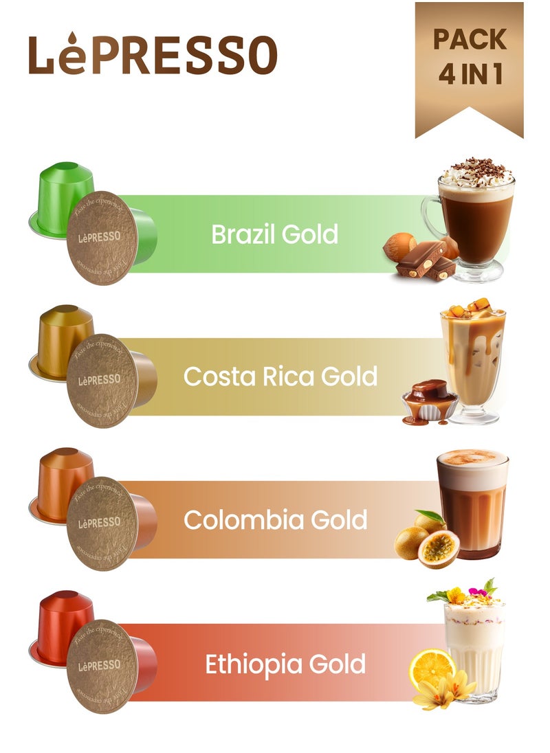LePRESSO Aluminum Capsules for Nespresso Pack of 4 / Brazil Gold / Ethiopia Gold / Costa Rica Gold / Colombia Gold /10 Individual Capsules in Each Pack /40 Capsules in Total/ Medium Roast Coffee  - Image 2