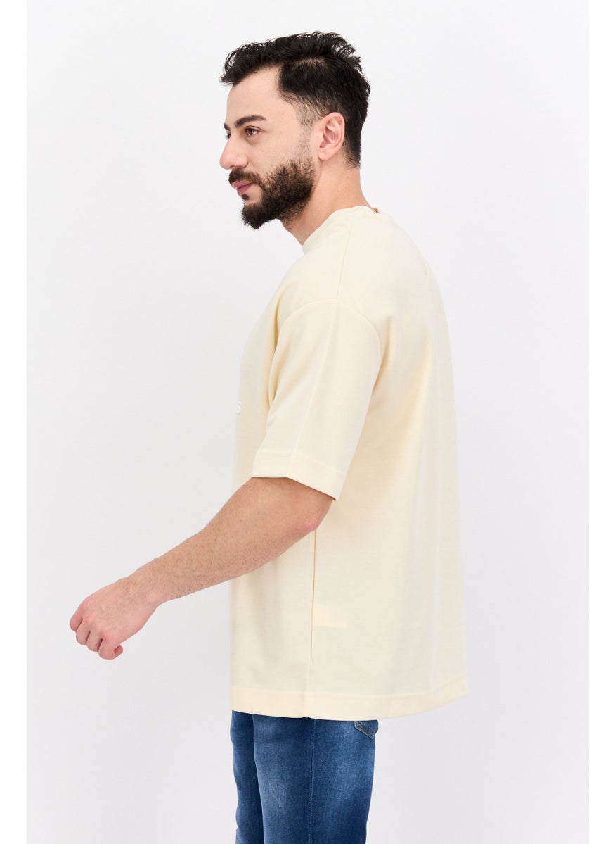 Blank Essentials - Men Round Neck Short Sleeve Brand Logo, Light Beige - Image 1