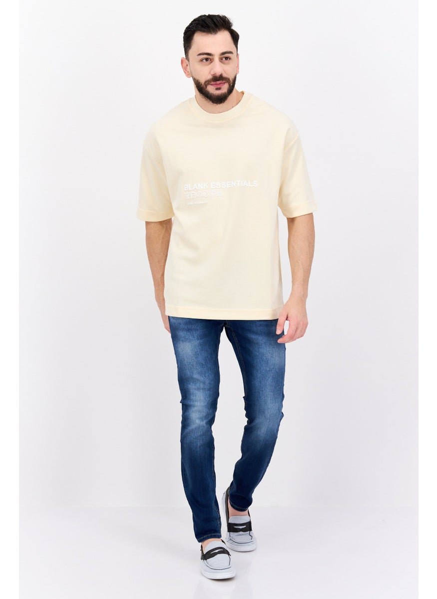 Blank Essentials - Men Round Neck Short Sleeve Brand Logo, Light Beige - Image 1