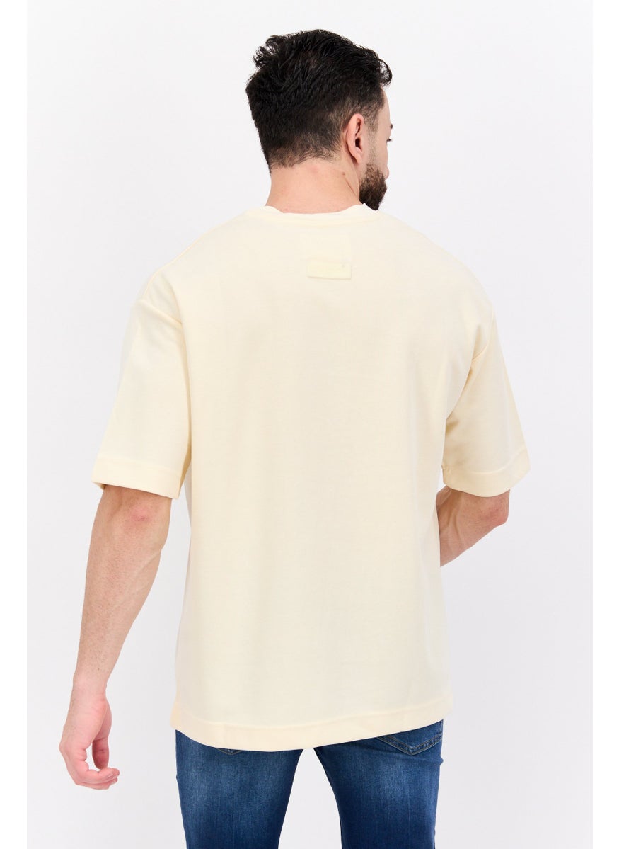 Blank Essentials - Men Round Neck Short Sleeve Brand Logo, Light Beige - Image 1
