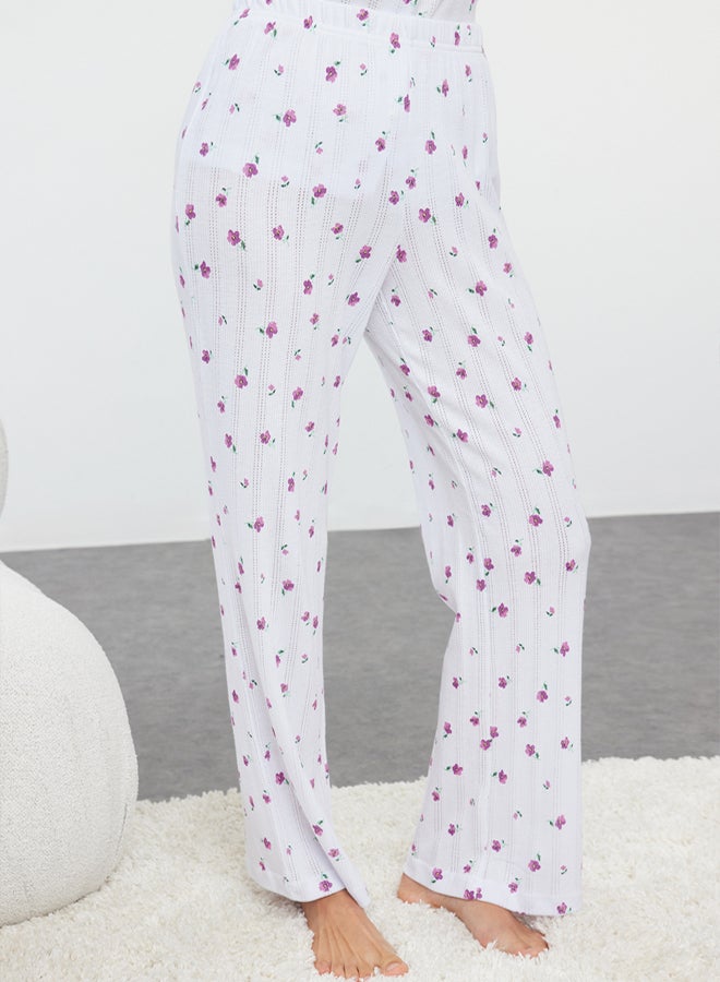 trendyol White 100% Cotton Floral Openwork/Hole Ribbed Knitted Pajama Set THMAW25PT00057 - Image 4