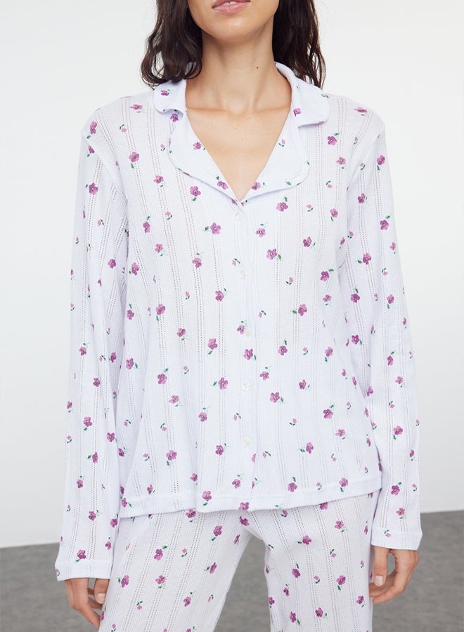 trendyol White 100% Cotton Floral Openwork/Hole Ribbed Knitted Pajama Set THMAW25PT00057 - Image 3