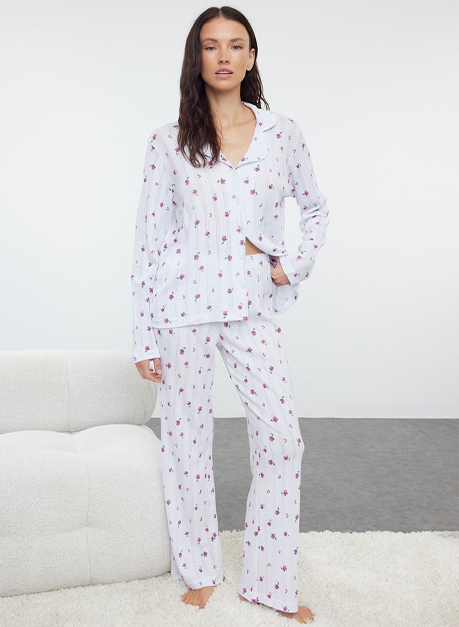 trendyol White 100% Cotton Floral Openwork/Hole Ribbed Knitted Pajama Set THMAW25PT00057 - Image 2