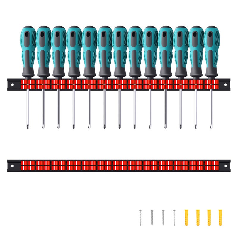 Reniteco 2 Pack Wall-Mounted Screwdriver Organizers with Screws - Heavy-Duty ABS Plastic Tool Holder for Screwdrivers, Wrenches, Piers - Garage Workshop Storage (Red,2 PCS) - Image 1
