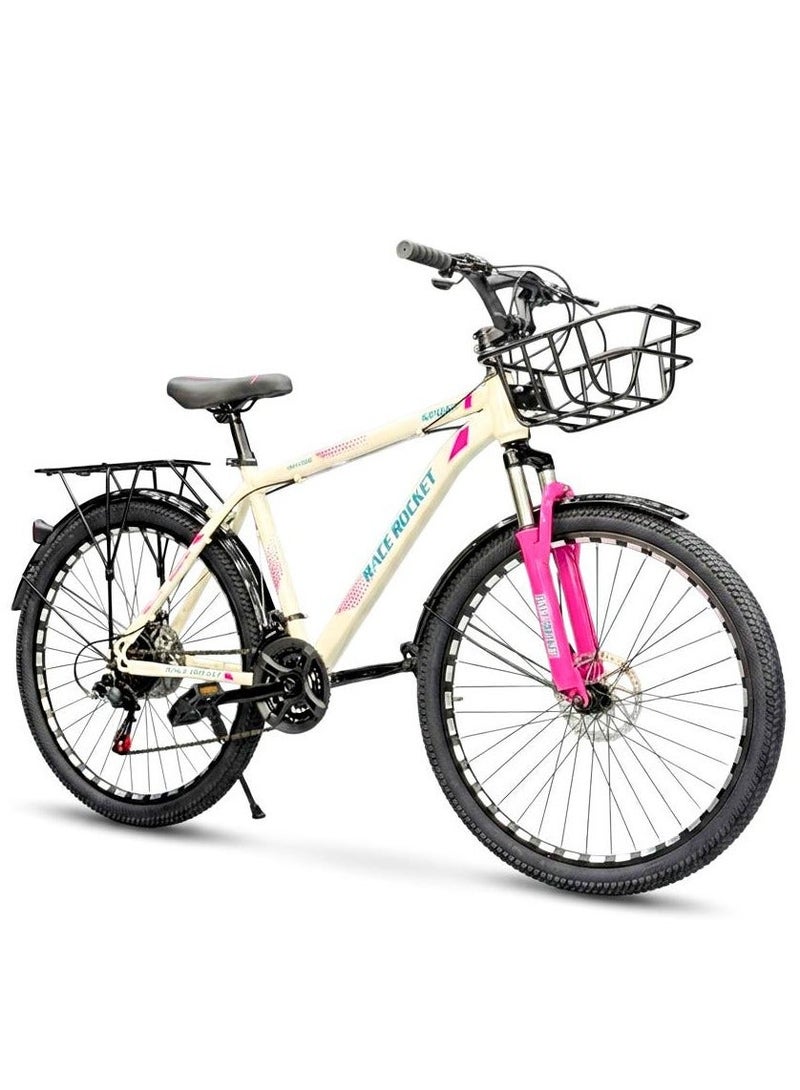 Rocket 26" Mountain & City Bike – 21 Speeds, Front Suspension, Disc Brakes – White & Pink (Fits 150cm to 180cm) - Image 1