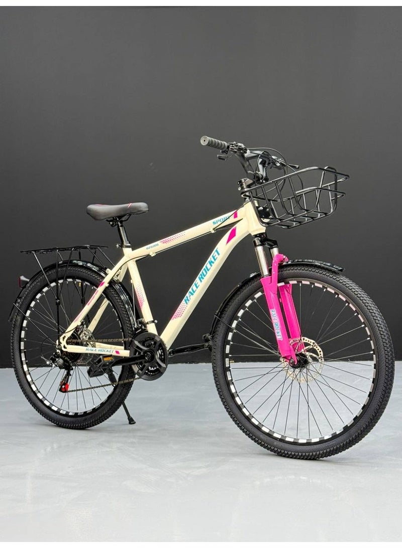 Rocket 26" Mountain & City Bike – 21 Speeds, Front Suspension, Disc Brakes – White & Pink (Fits 150cm to 180cm) - Image 3