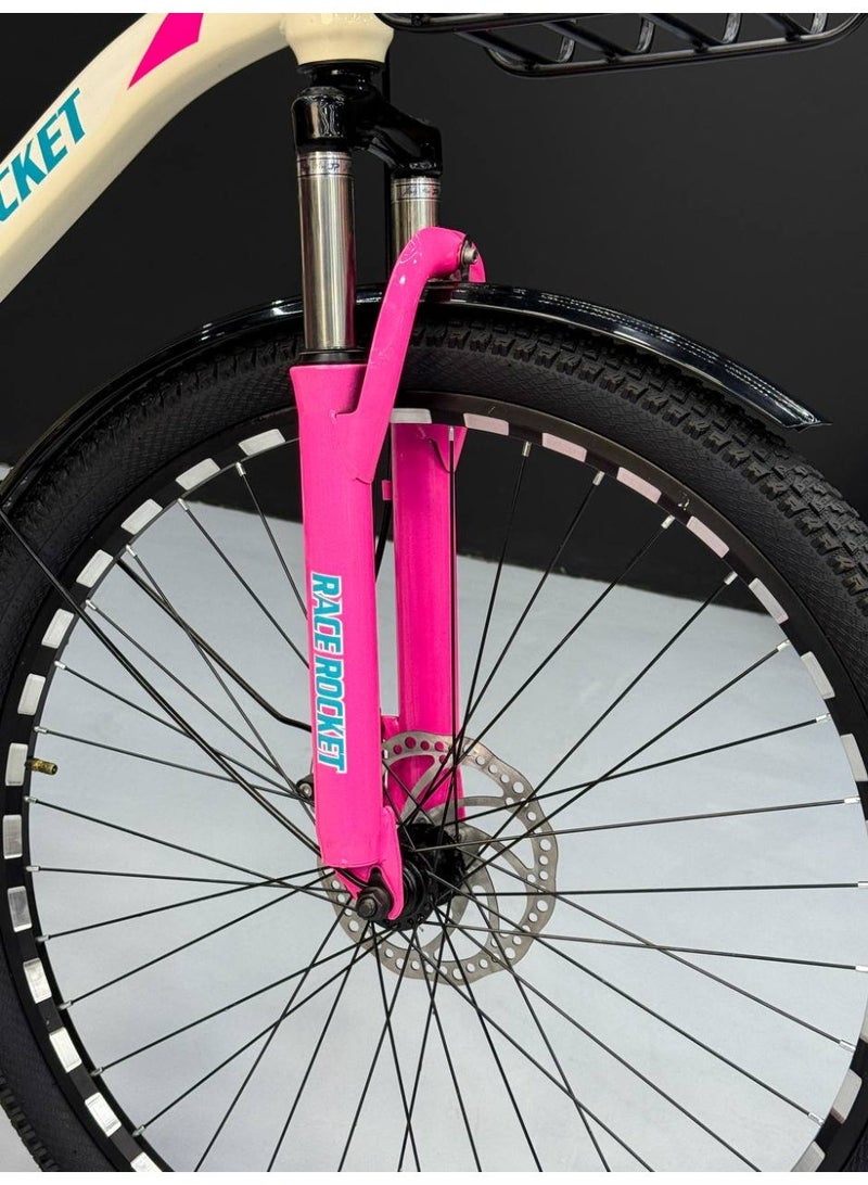 Rocket 26" Mountain & City Bike – 21 Speeds, Front Suspension, Disc Brakes – White & Pink (Fits 150cm to 180cm) - Image 4