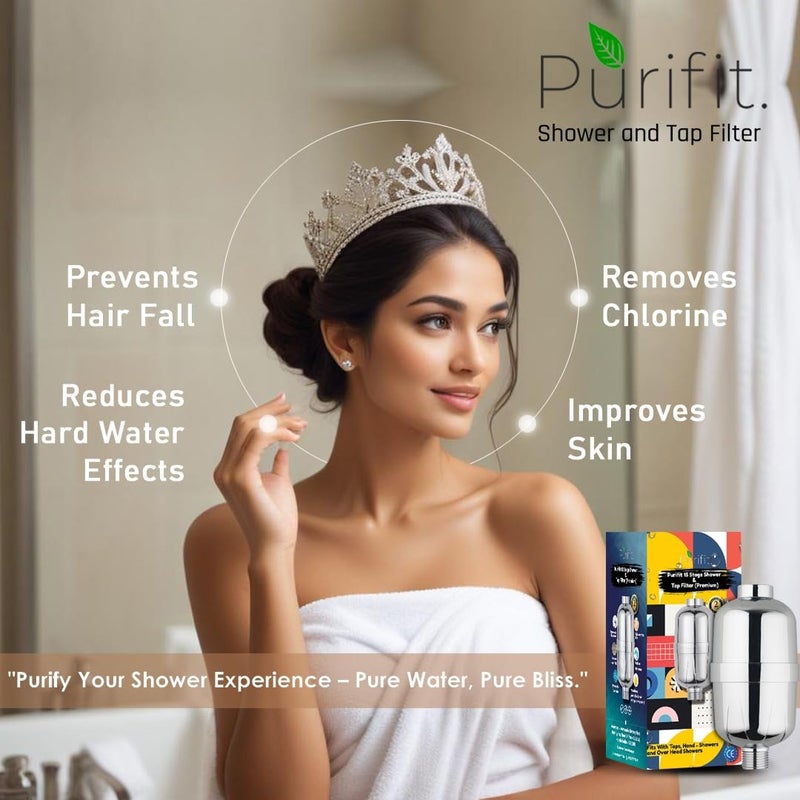 Purifit فلتر دش وصنبور Purifit للمياه العسرة جهاز تنقية المياه للحمام فلتر المياه العسرة يقلل تساقط الشعر بتشطيب فضي - Image 3