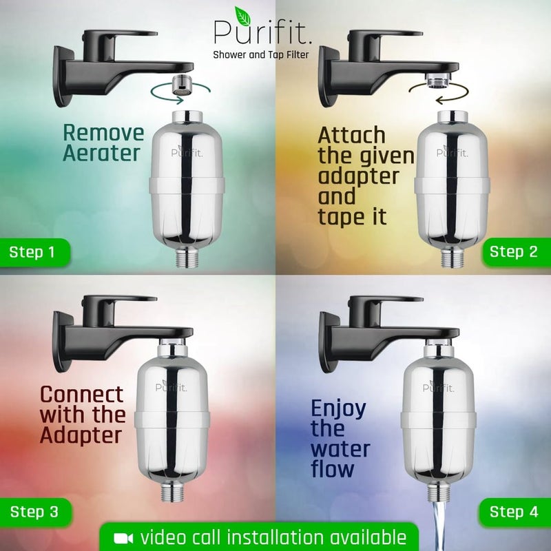 Purifit فلتر دش وصنبور Purifit للمياه العسرة جهاز تنقية المياه للحمام فلتر المياه العسرة يقلل تساقط الشعر بتشطيب فضي - Image 4