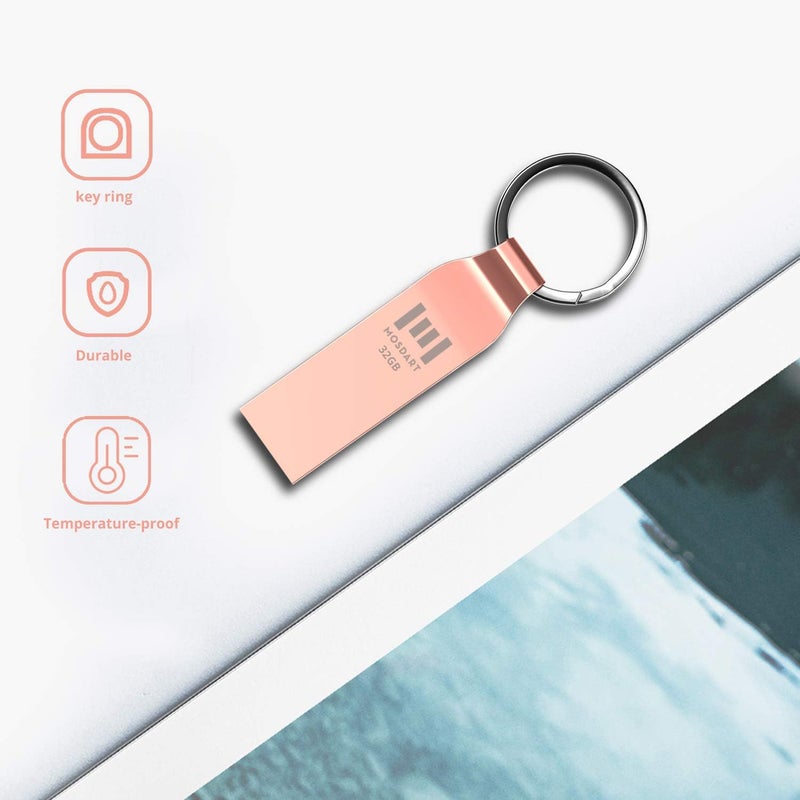 موس دارت محرك أقراص فلاش مقاوم للماء بسعة 32GB USB2.0، بتنسيق FAT32، عصا ذاكرة معدنية مع سلسلة مفاتيح، للنسخ الاحتياطي ل��نظام وتخزين البيانات، وردي ذهبي - Image 5