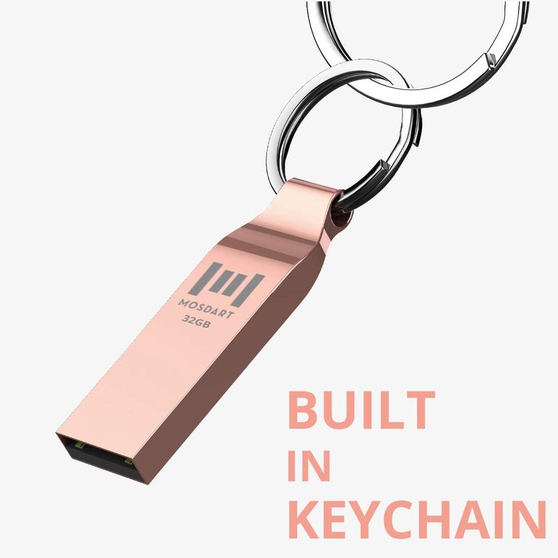 موس دارت محرك أقراص فلاش مقاوم للماء بسعة 32GB USB2.0، بتنسيق FAT32، عصا ذاكرة معدنية مع سلسلة مفاتيح، للنسخ الاحتياطي ل��نظام وتخزين البيانات، وردي ذهبي - Image 2