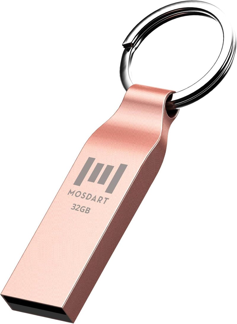 موس دارت محرك أقراص فلاش مقاوم للماء بسعة 32GB USB2.0، بتنسيق FAT32، عصا ذاكرة معدنية مع سلسلة مفاتيح، للنسخ الاحتياطي ل��نظام وتخزين البيانات، وردي ذهبي - Image 1