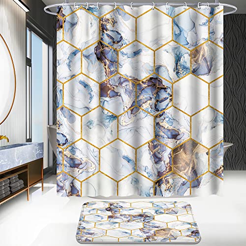 Poedist Shower Curtain Set with RugsBathroom Accessory Set Including NonSlip RugsToilet Lid Cover and Bath Mat Waterproof Shower Curtain with 12 Hooks Honeycomb Marble - Image 3