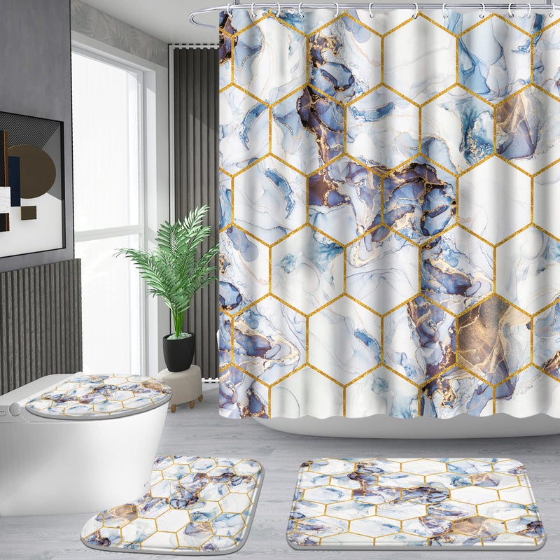 Poedist Shower Curtain Set with RugsBathroom Accessory Set Including NonSlip RugsToilet Lid Cover and Bath Mat Waterproof Shower Curtain with 12 Hooks Honeycomb Marble - Image 2