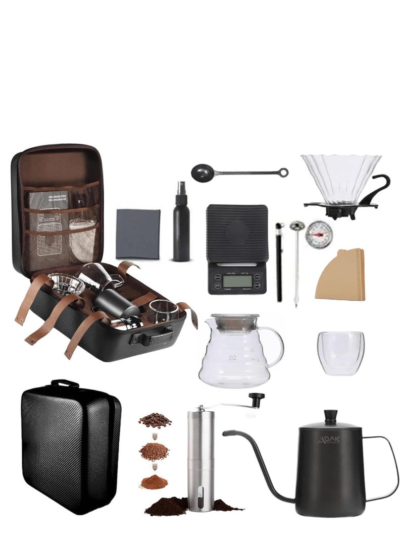 Chase Up V60 Pour Over Coffee Maker Set-Portable Coffee Kit with V60 Kettle, Digital Scale,100 Paper Filters & Coffee Scoop, Double Walled Mug, Glass Server, Manual Grinder, Glass Dipper 