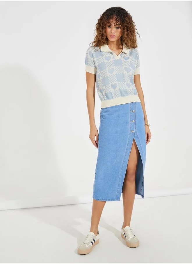 Styli Solid Denim Midi Skirt with High Slit & Button Detail