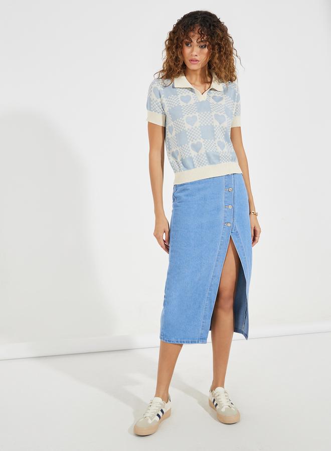 Styli Solid Denim Midi Skirt with High Slit & Button Detail  - Image 1