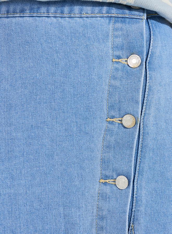 Styli Solid Denim Midi Skirt with High Slit & Button Detail  - Image 3
