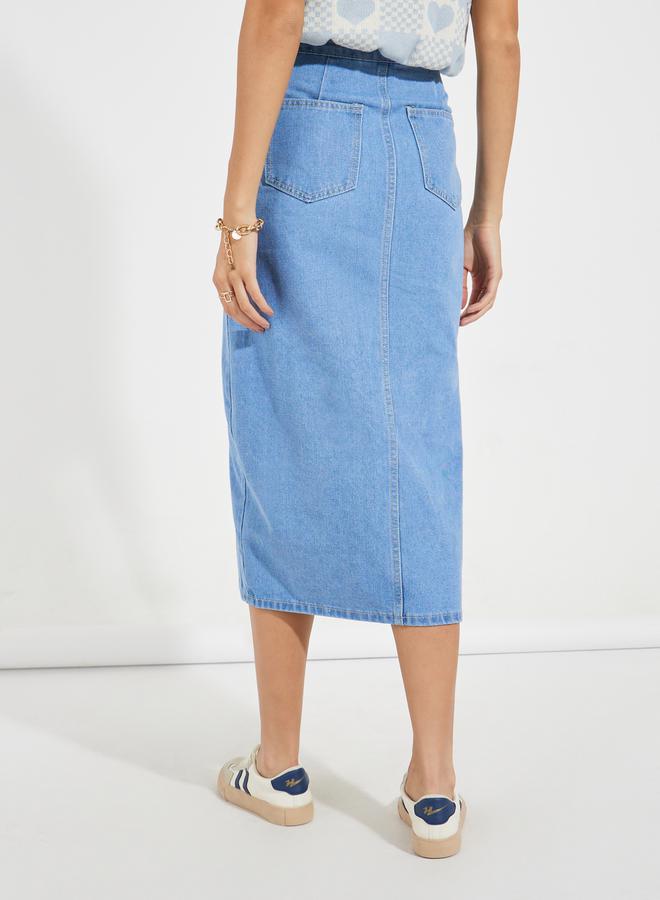 Styli Solid Denim Midi Skirt with High Slit & Button Detail  - Image 4