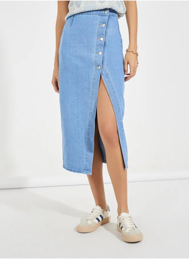 Styli Solid Denim Midi Skirt with High Slit & Button Detail