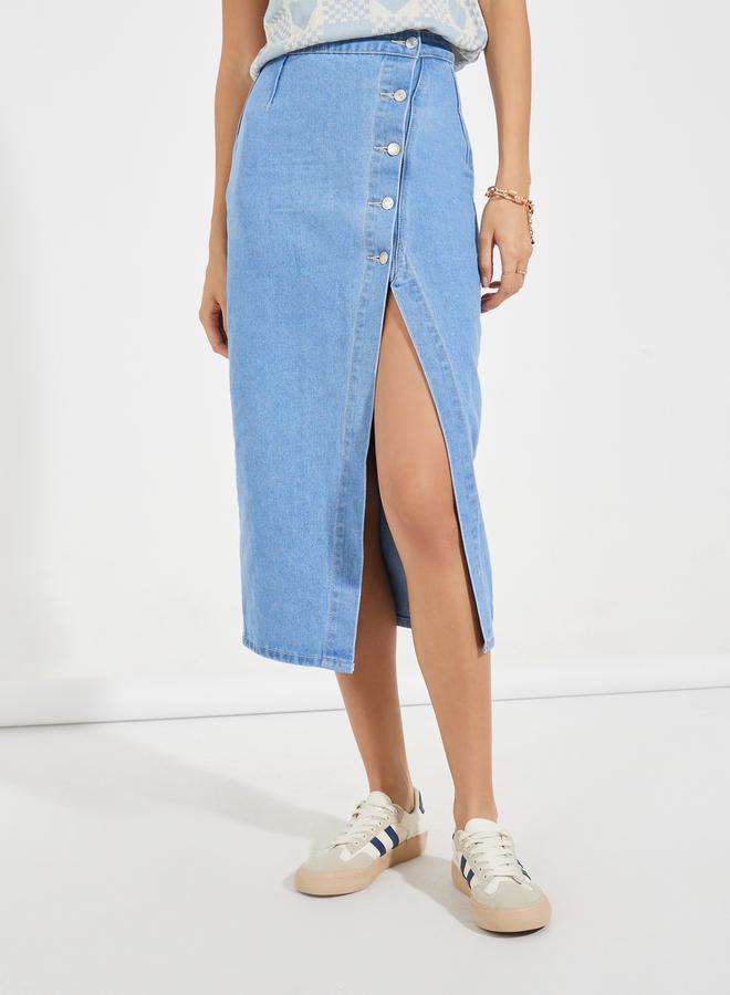 Styli Solid Denim Midi Skirt with High Slit & Button Detail  - Image 2